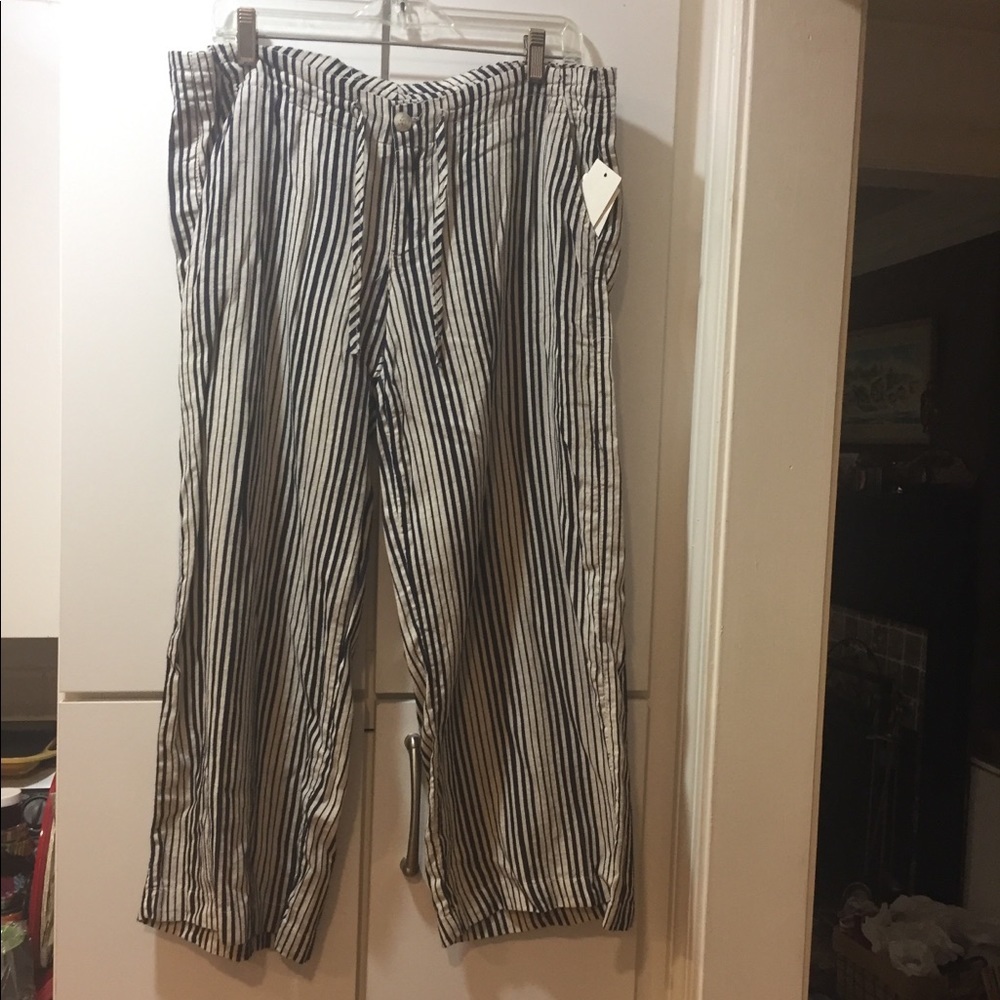 JUST living Linen Blend Wide Leg Stripe Pants Black &Tan - Med NWT